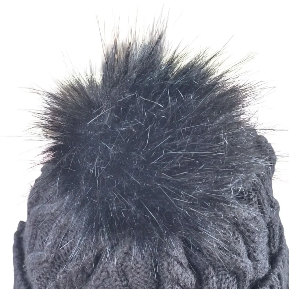 Women's Beanie Hat Black Cable Knit with Fuzzy Pom Pom Top Plushy Lining OS